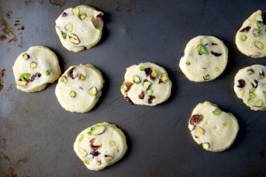 Pistachio Cranberry Icebox Cookies on a sheet